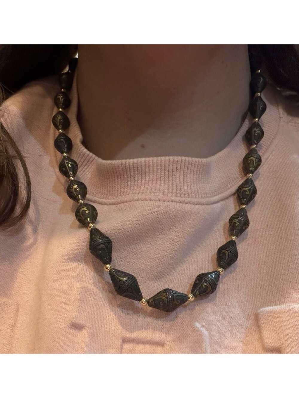 Vintage 80s Napier Blackened Brass Filigree Cone Bead Necklace
